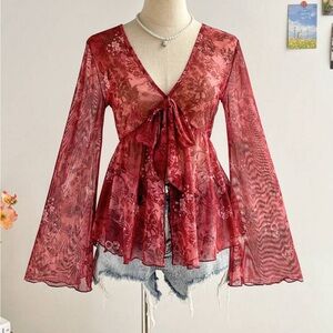 Elegant Red Floral Sheer Top
